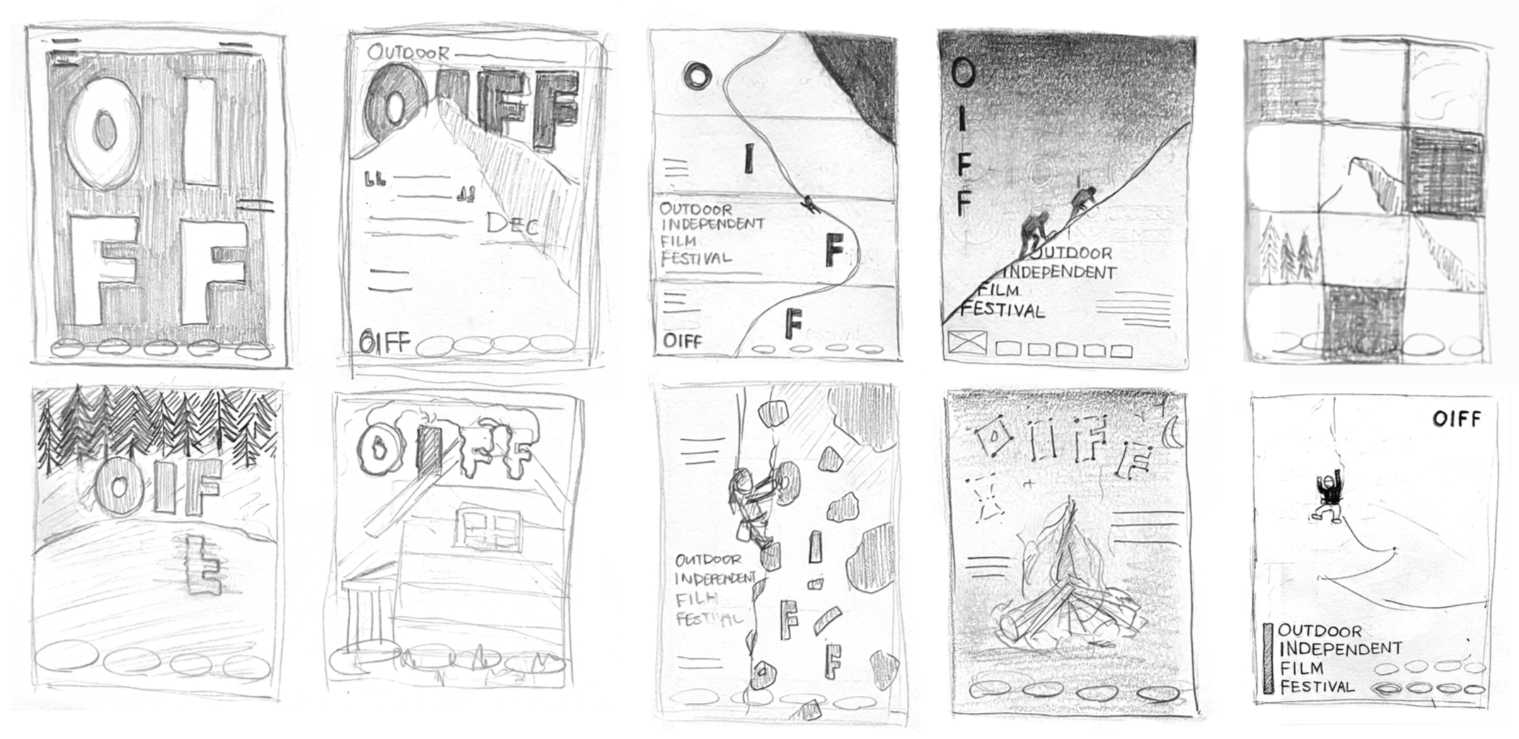 Ten hand-drawn sketches of posters for the Outdoor Independent Film Festival, featuring different designs with text, mountains, trees, and a person rock climbing.