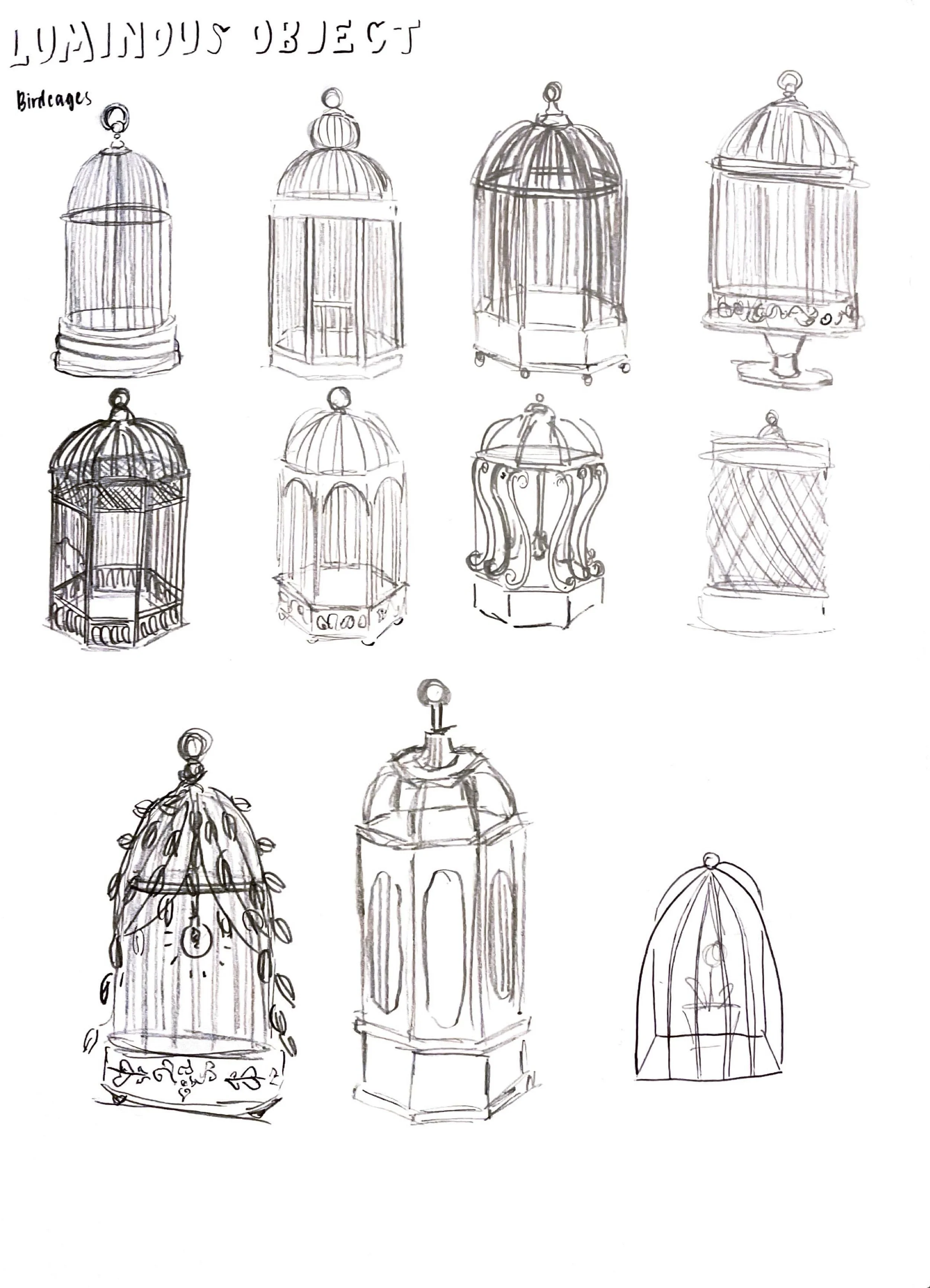 Sketches of various birdcage designs, featuring different shapes, decorative details, and styles.