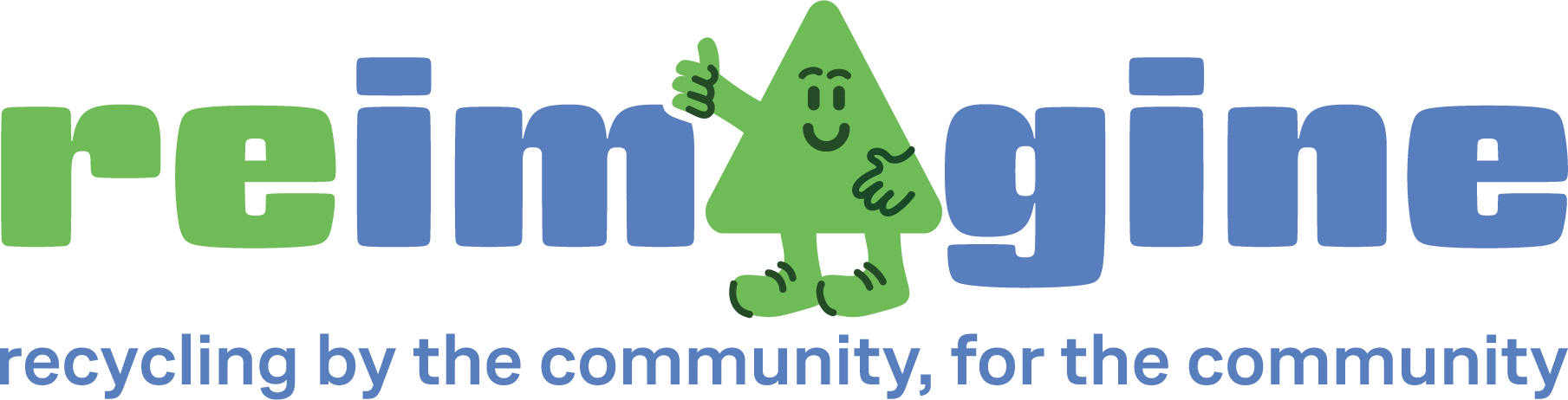 Logo for 'reimagine' with a smiling green tree character giving a thumbs up, and the tagline 'recycling by the community, for the community.'