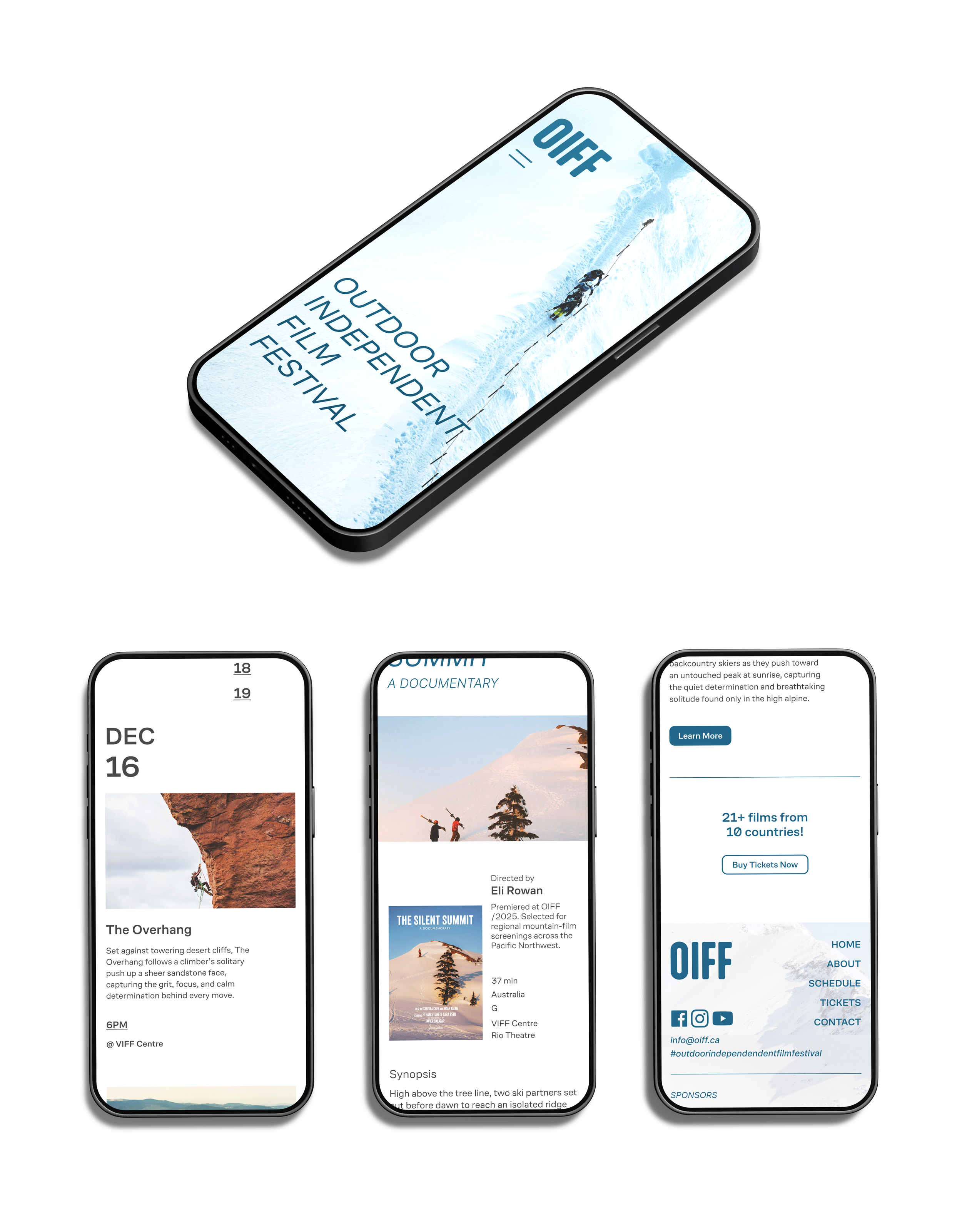 A digital display of a website or mobile app promoting the Outdoor Independent Film Festival (OIFF). The screens show images related to outdoor activities, film screenings, and event details, with buttons to buy tickets and links to social media.