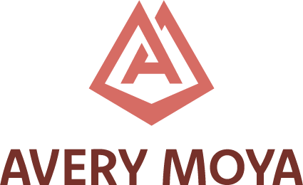 A stylized logo with an abstract geometric design and the name 'Avery Moya' below it.