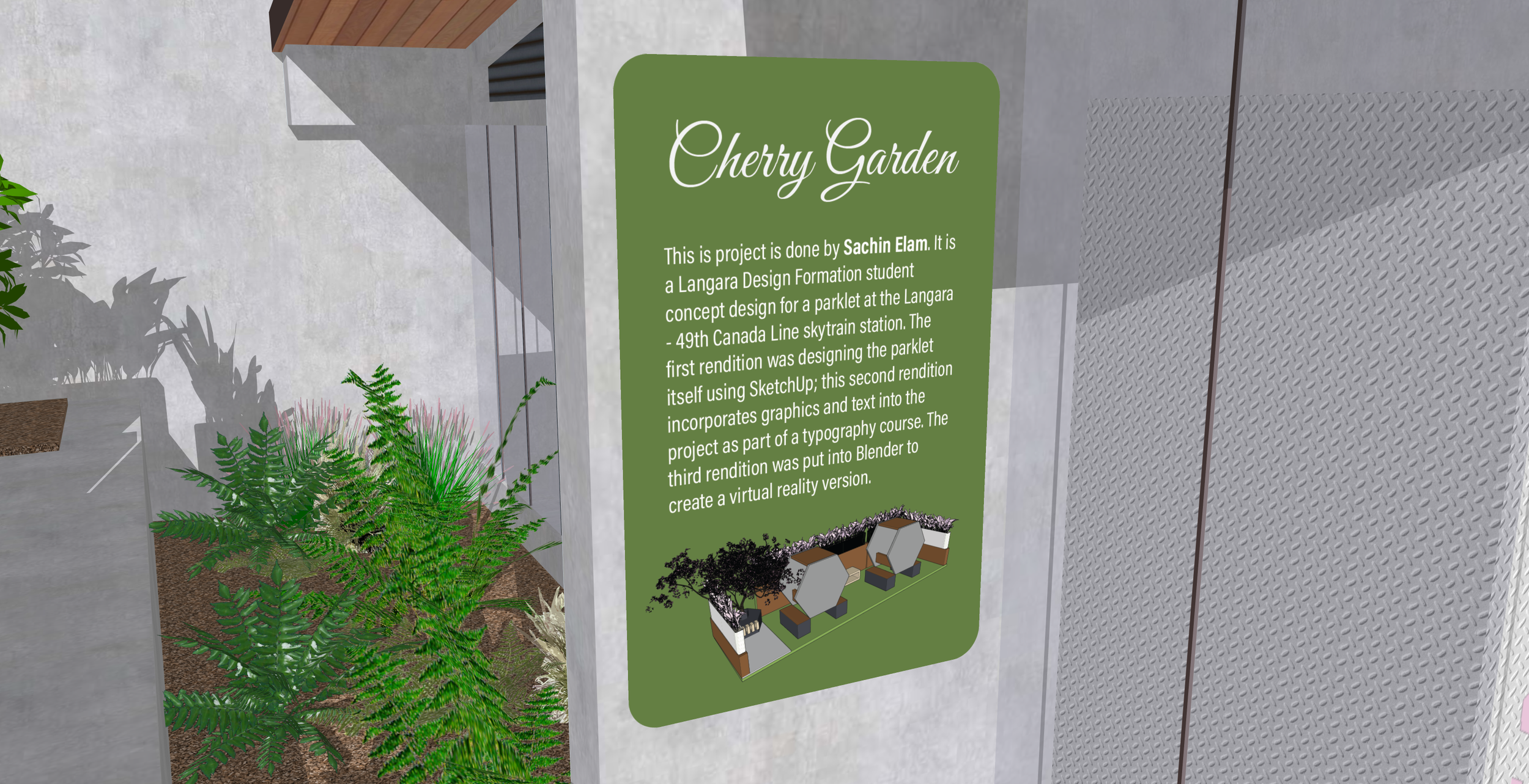 Signboard titled 'Cherry Garden' explaining a design project by Sachin Elam for a Langara College course, including a small blueprint of a garden layout, mounted on a textured wall next to green plants.