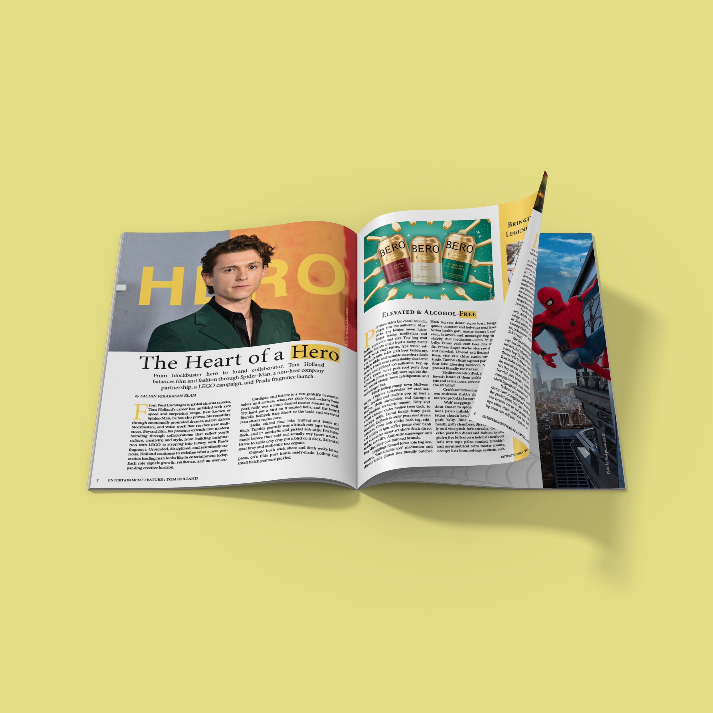 Open magazine on yellow background showing a magazine article with a photo of a man in a green jacket, an advertisement for BERO beverages, and a Spider-Man toy on the right side.