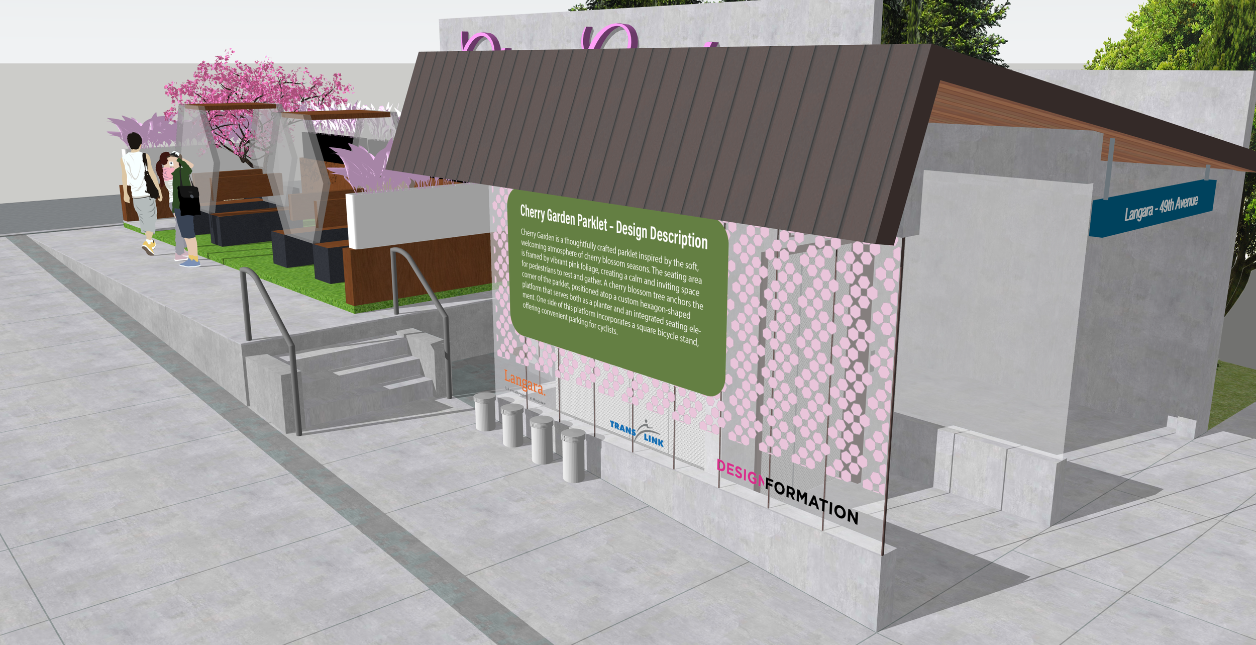 A conceptual illustration of a small park feature with cherry blossom trees, benches, and informational signage, located near 49th Avenue in Langara.
