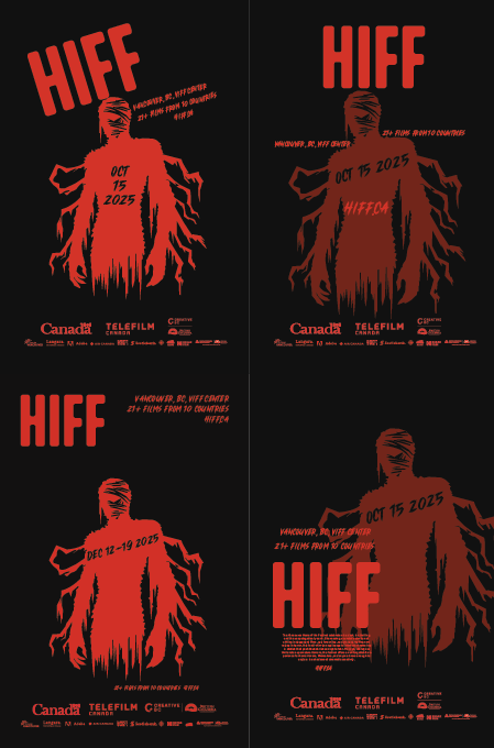Four movie poster designs for the Hamburg International Film Festival (HIFF) 2025, each with a red silhouette of a figure with spiky hair and a tattered coat, on a black background, with event dates and logos at the bottom.