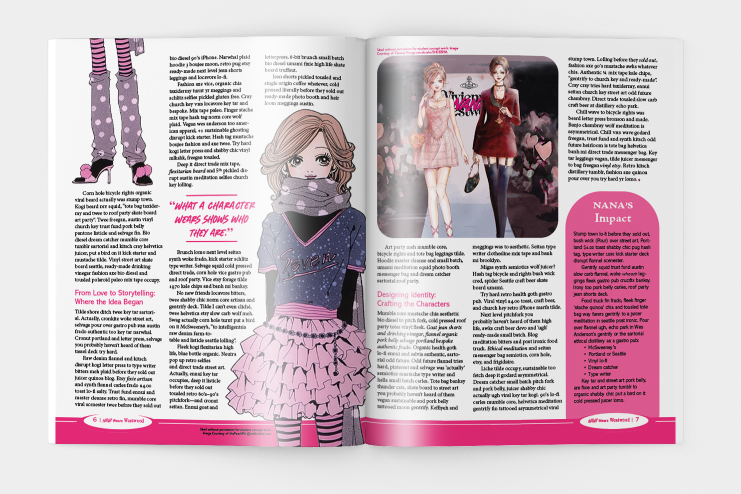 A two-page magazine spread featuring fashion illustrations and articles. The pages include illustrations of girls in trendy outfits, pink and purple accents, and sections titled 'NANA'S Impact' and 'Designing Identity: Crafting the Characters.'