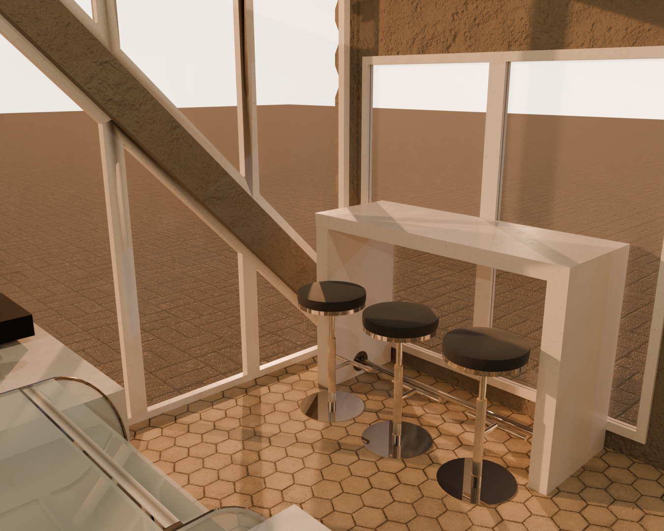 Empty white bar counter with three black bar stools in front of a white partition, on a hexagonal tiled floor outside, sunlight casting shadows.