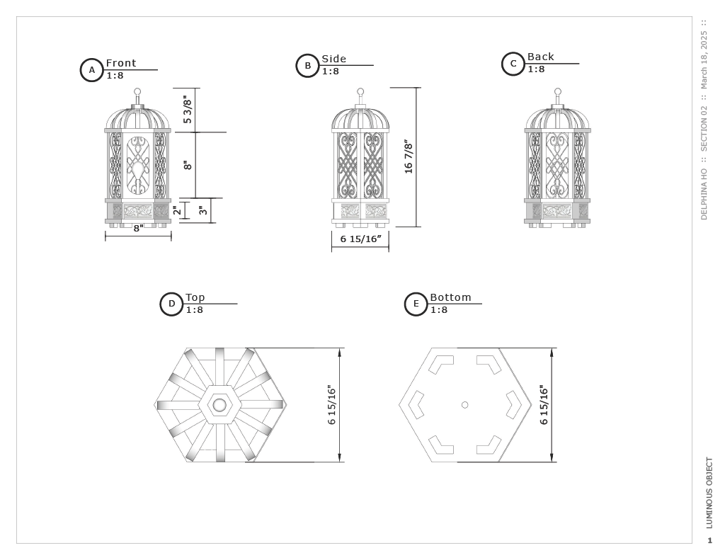 Technical drawing of a decorative lantern, showing front, side, back, top, and bottom views with detailed measurements.