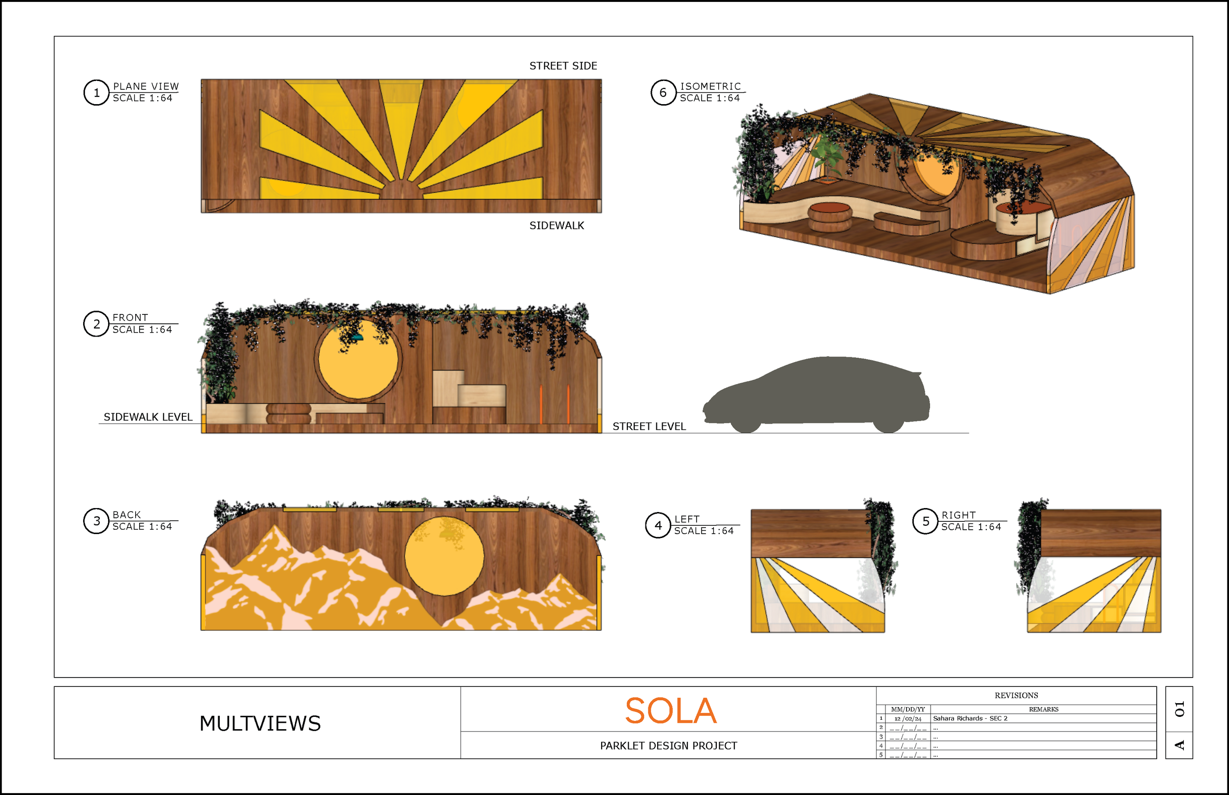Architectural design plan for a parklet with various views, including sidewalk, front, back, left, right, and isometric perspectives, featuring wood textures, greenery, and decorative elements.