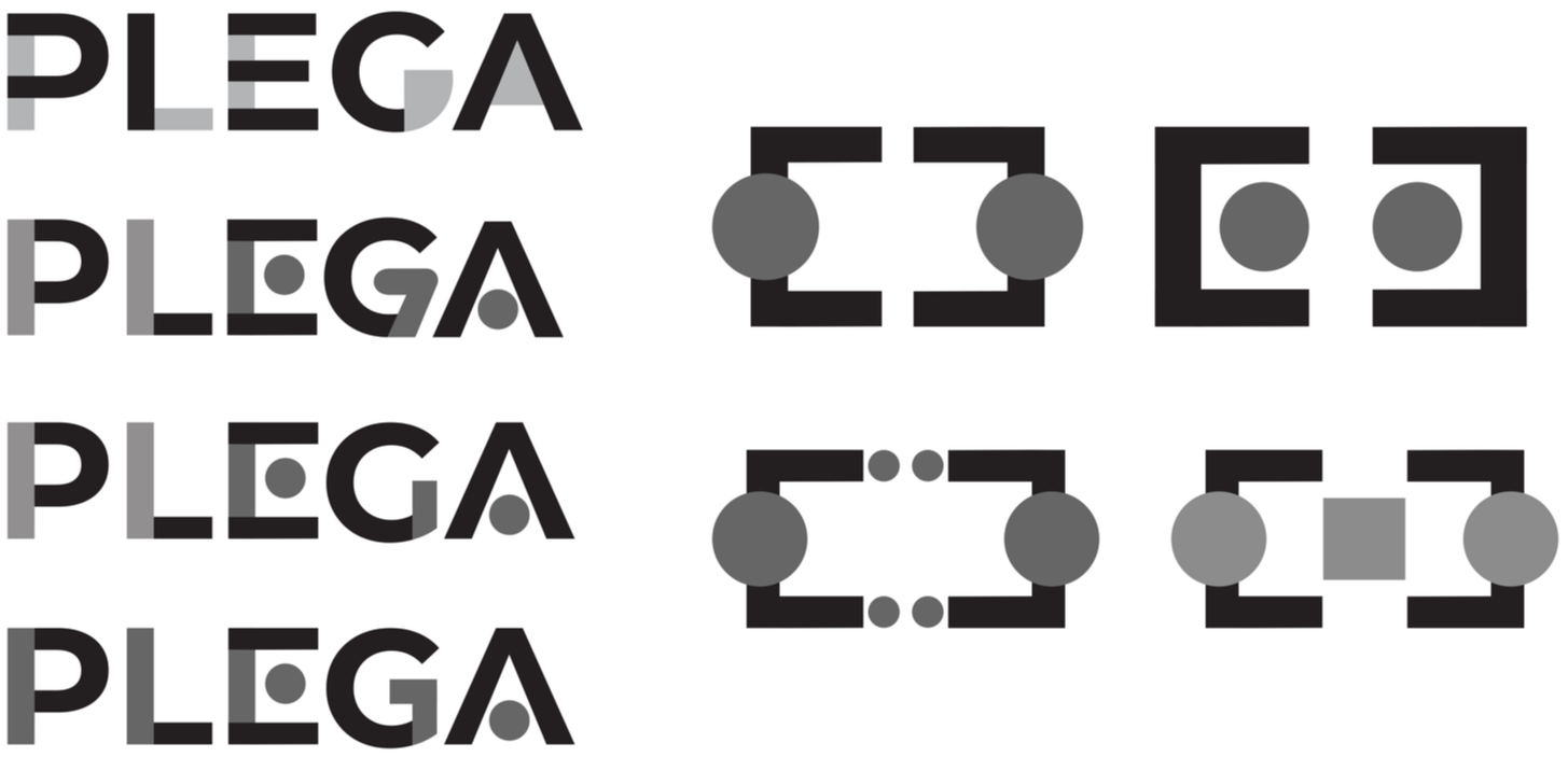 Image showing three variations of the word "PLEGA" in a stylized font with rounded and geometric shapes, alongside diagrams of different hand signals or gestures.