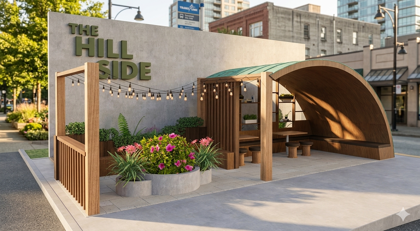 A modern outdoor seating area with a wooden covered shelter, string lights, vibrant flowers, and a concrete wall with the words 'The Hill Side' in large green letters.