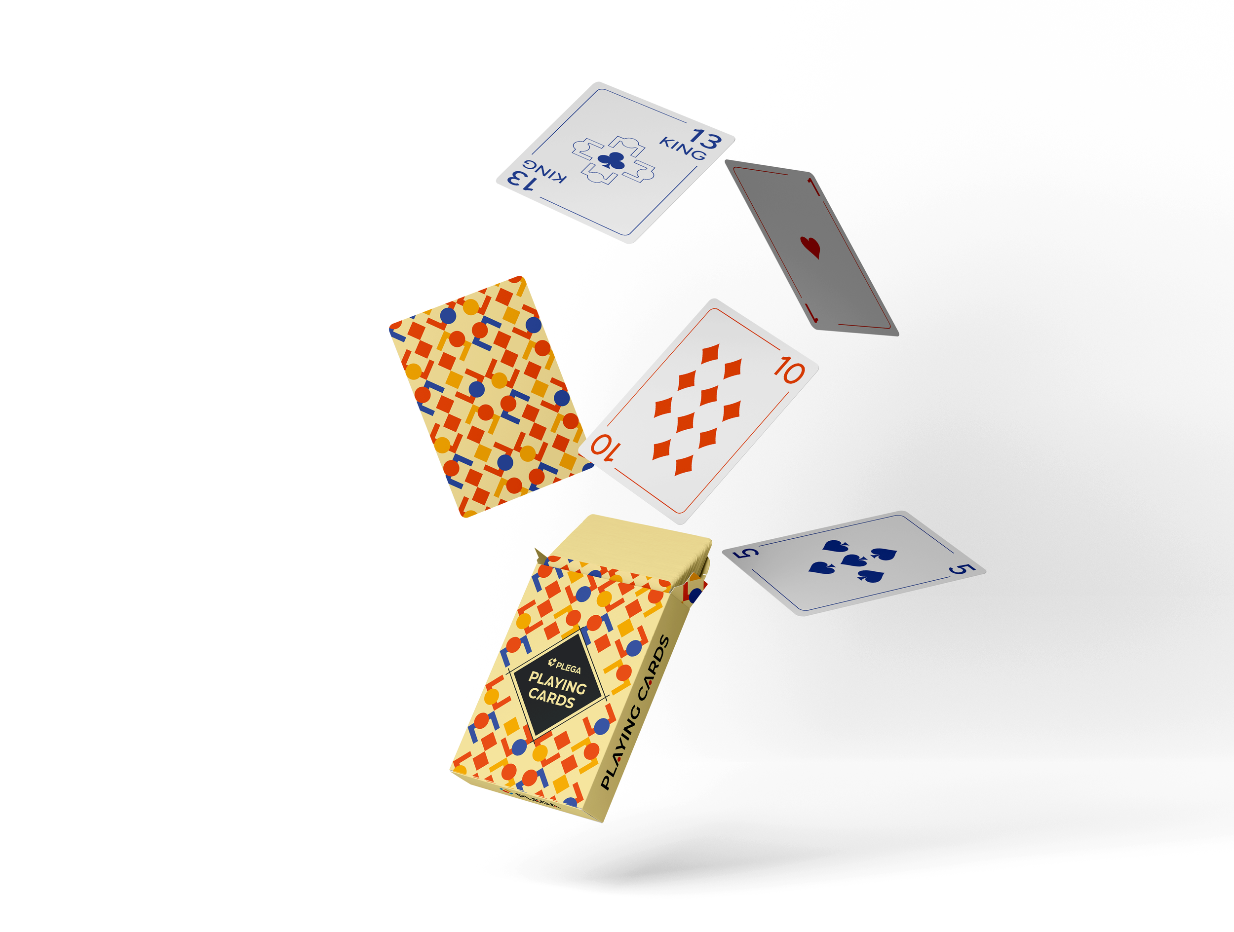 Falling playing cards including the 13 of clubs, the 1 of hearts, the 5 of spades, the 10 of diamonds, and a pack of playing cards with a colorful geometric pattern and text 'playing cards' and 'Plega' logo on the packaging.