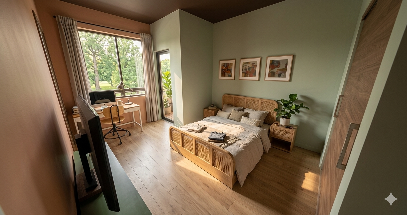A bedroom with a bed, bedside tables, a large window with curtains, a desk with a chair, and a door leading to a balcony with outdoor plants and trees visible outside.