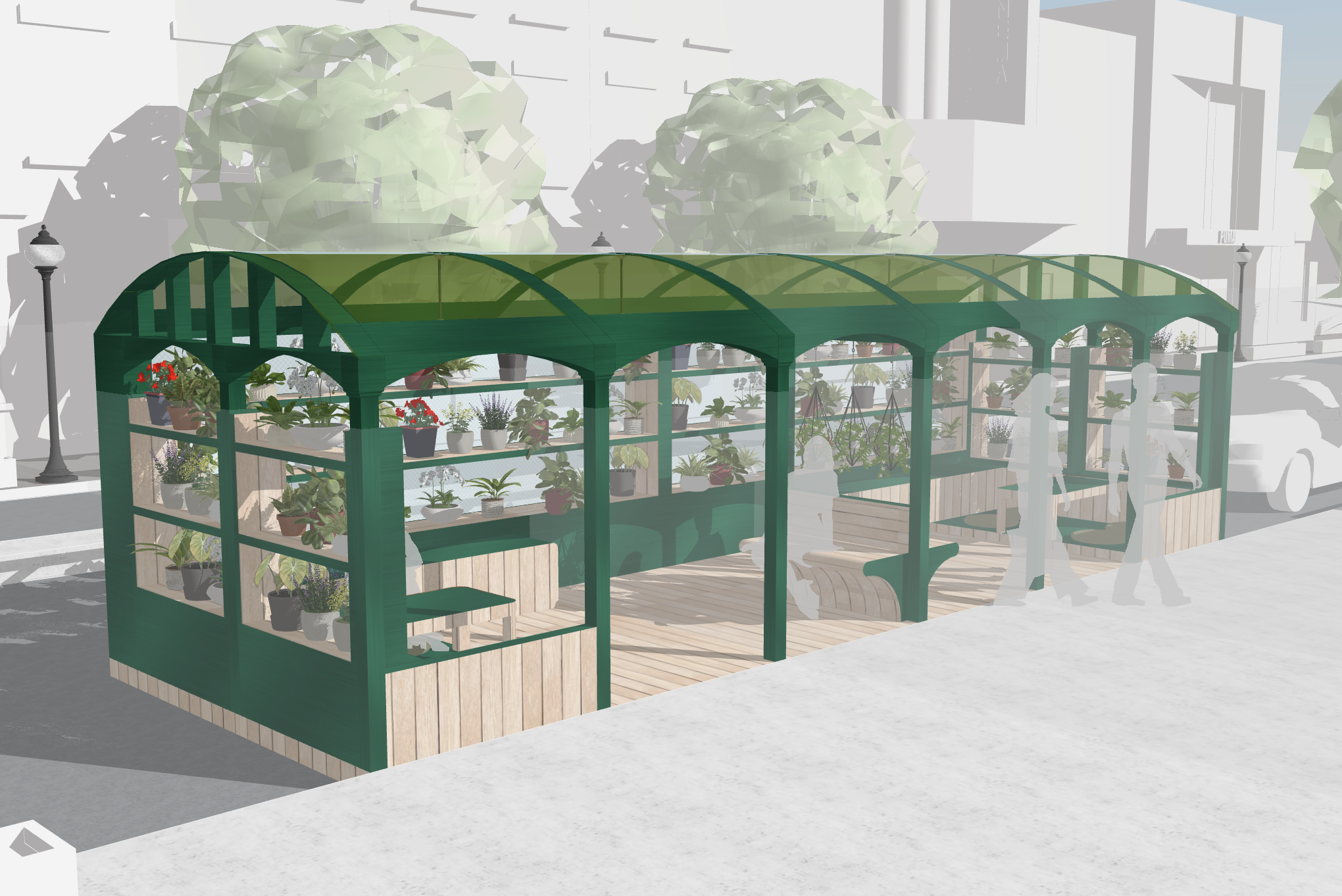 A conceptual digital rendering of a green greenhouse with a transparent roof, filled with potted plants, situated in an urban environment with trees, street lamps, and buildings in the background.