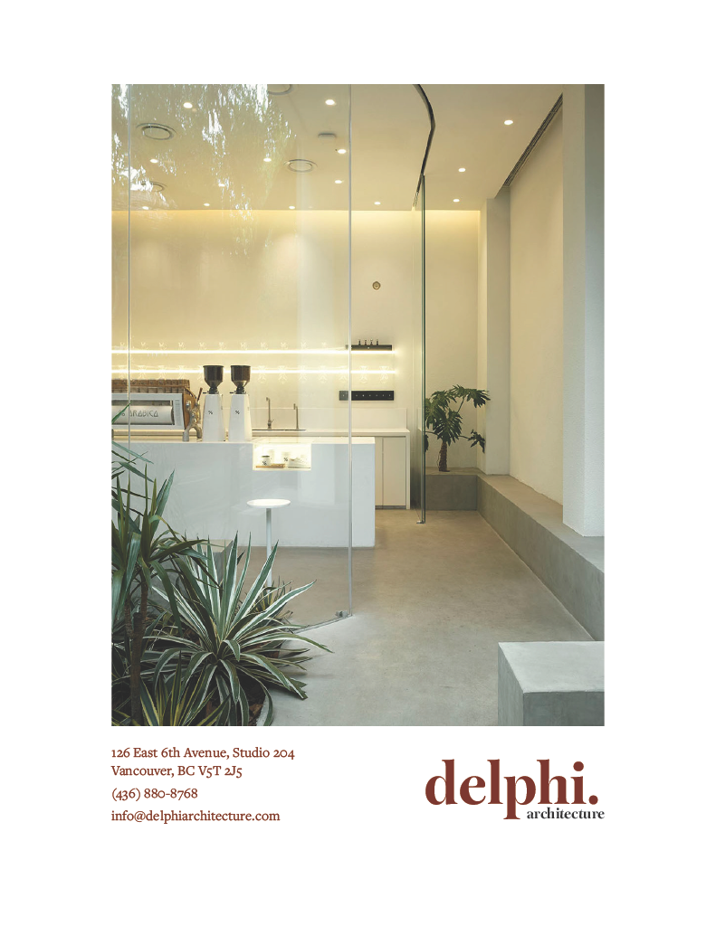 Modern, minimalist interior of an architecture firm's office with a glass partition, plants, and clean white walls.