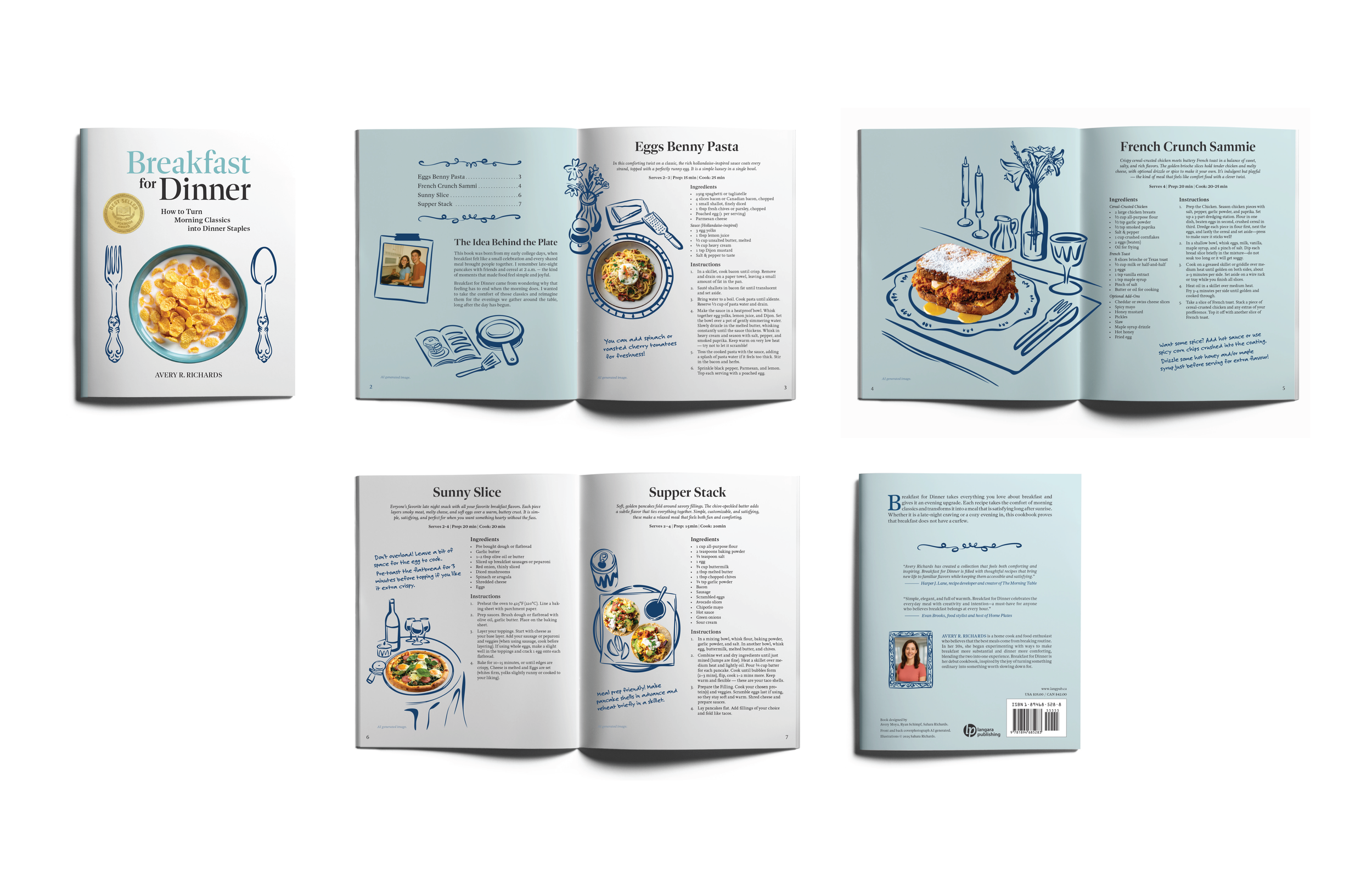 Open cookbook displaying recipes and illustrations, including a pasta dish and a cake, with handwritten notes and drawings.