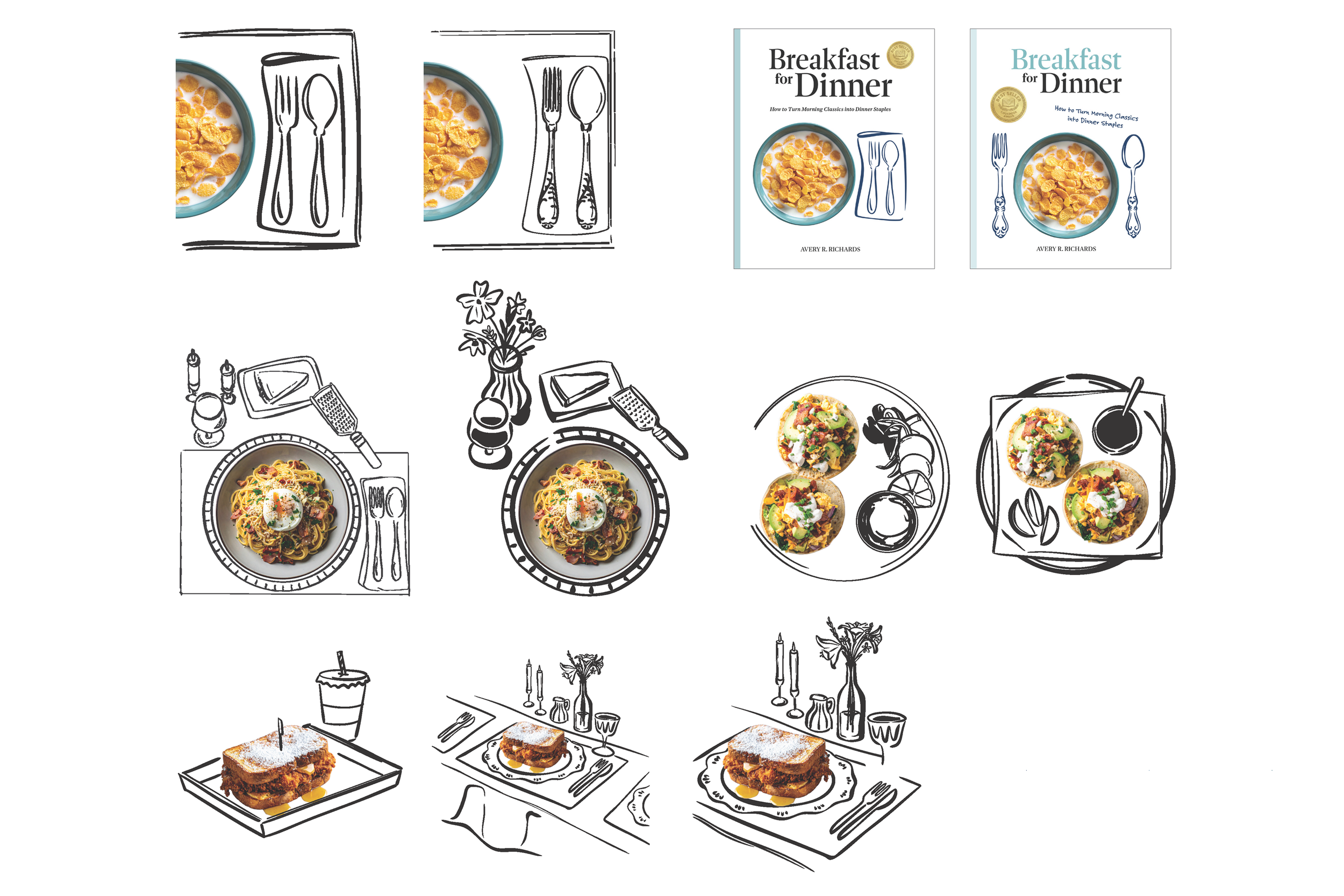 The image features illustrations of a dining setup and food, including two books titled 'Breakfast for Dinner' by Avery R. Richards, one with a blue cover and one with a white cover. The books have illustrations of cereal and cutlery on their covers. There are also printed illustrations of plates of spaghetti with sauce and a poached egg, as well as sandwiches, tableware, and decor items such as candlesticks and flowers.