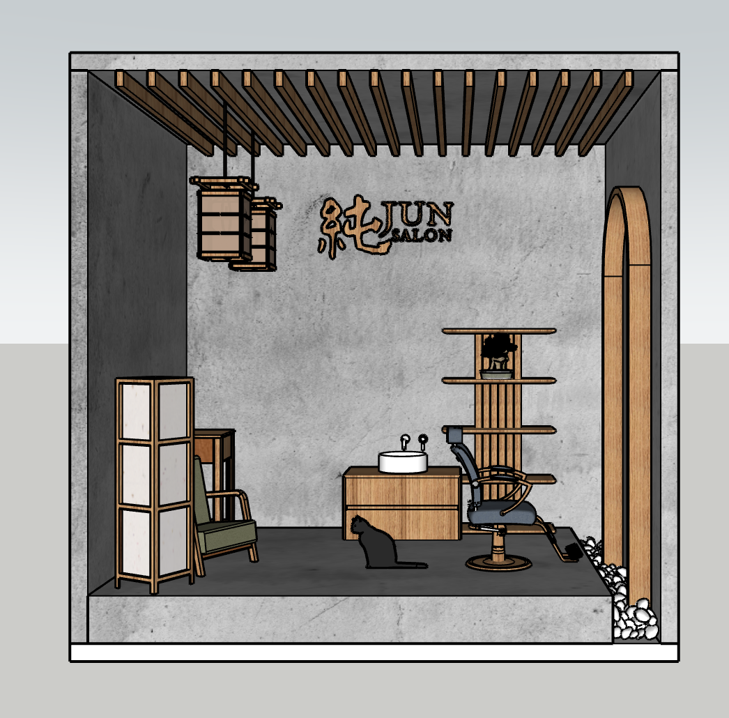 Interior view of a modern salon with wooden accents, a styling chair, a sink, a side shelf with a potted plant, a room divider, and a black dog sitting on the floor, with the salon logo on the back wall reading 'JUN SALON'.