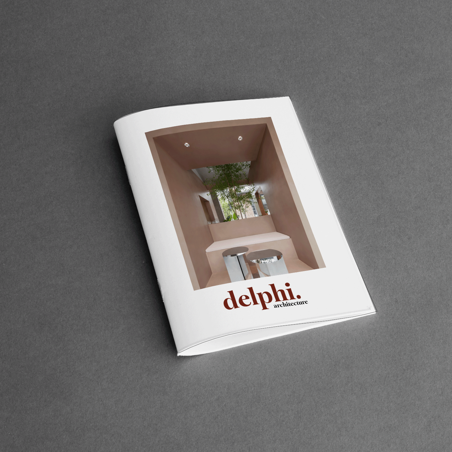 A brochure for delphi architecture featuring a modern interior design with an open hallway, natural light, and plants.