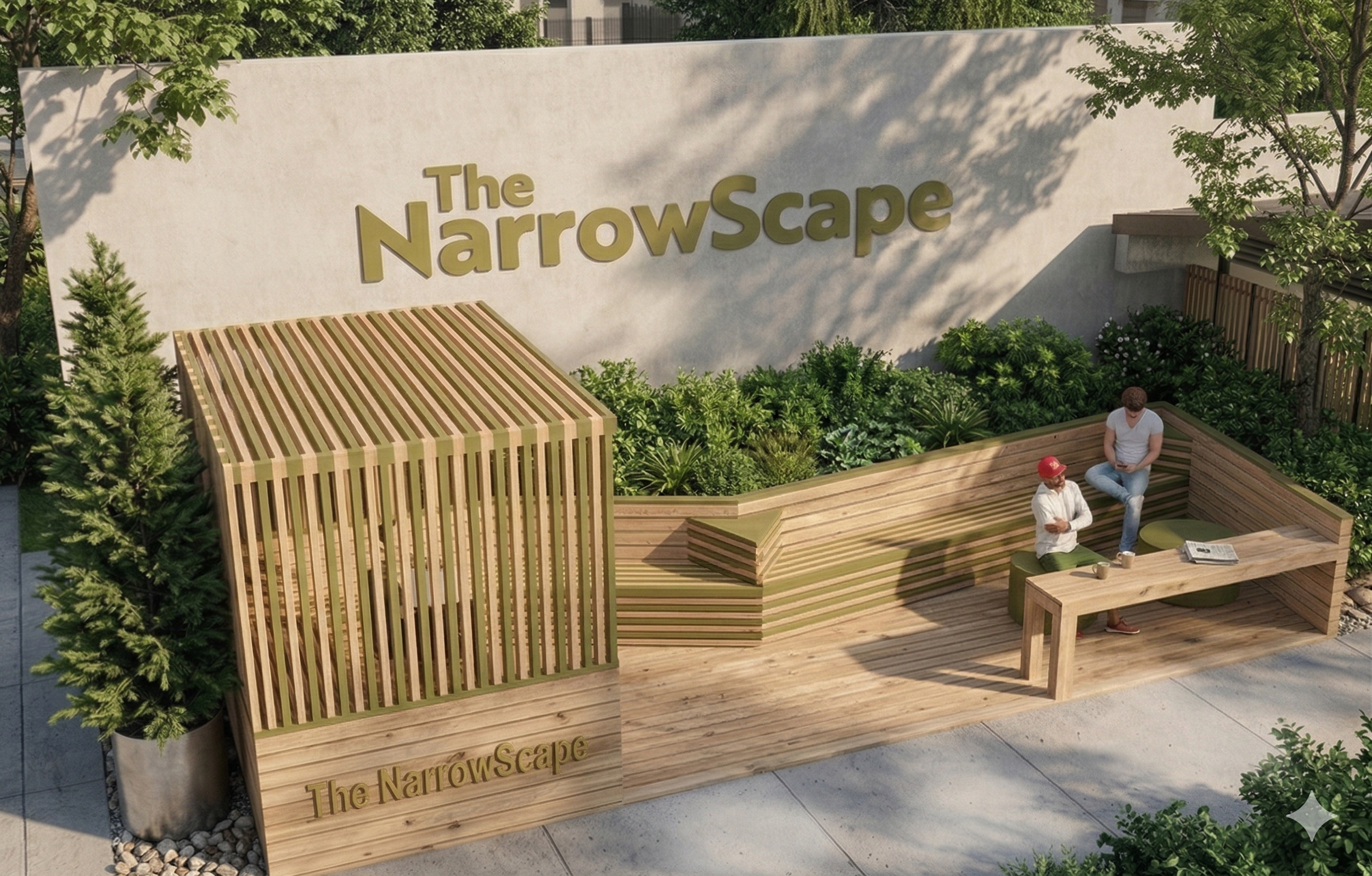 An outdoor seating area with a wooden deck, greenery, and a large sign reading 'The Narrowscape.' Two people are sitting and standing on the deck, one with a red hat and the other with brown hair, engaged in conversation.