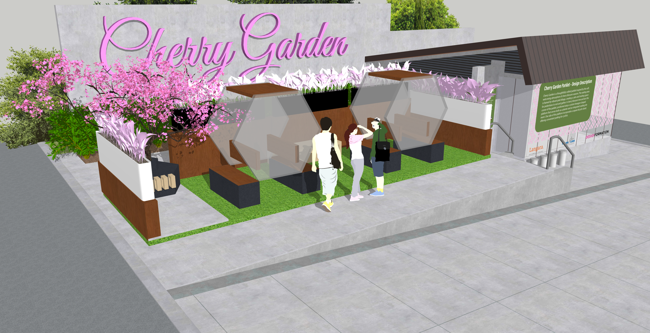 A drawing of a Cherry Garden with pink cherry blossoms, purple and white flowers, and a seating area with three people near a signage about Cherry Garden Parklet design.