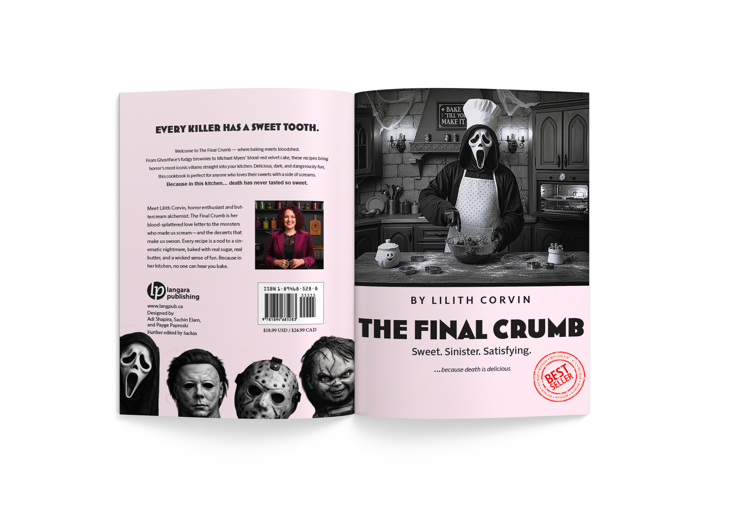 Cover of a book titled "The Final Crumb" with dark images of horror movie characters, including Michael Myers and Jason Voorhees, and a person in a ghost face mask behind a cake.