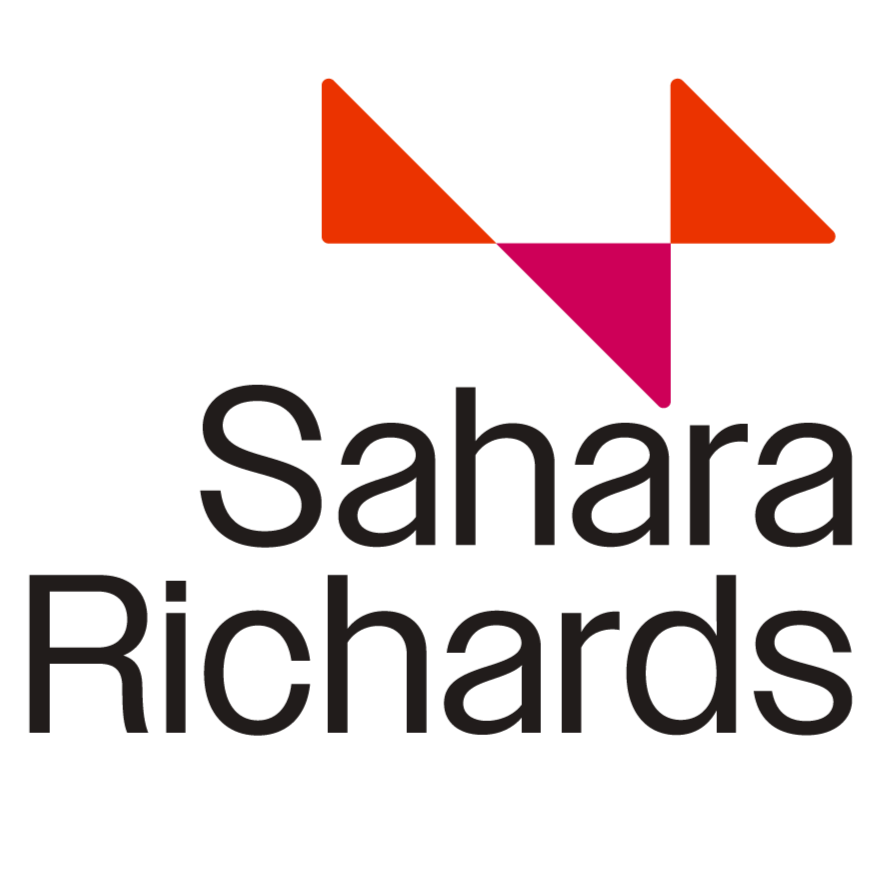 Logo for Sahara Richards with a geometric design consisting of four triangles in orange and pink above the name.