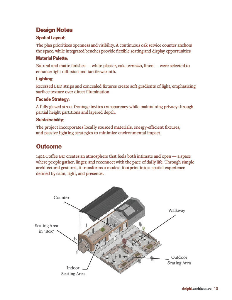 Architectural diagram illustrating the layout of a coffee bar with labeled areas: counter, indoor seating zone, outdoor seating area, walkway, and seating area in 'box', along with accompanying design notes.