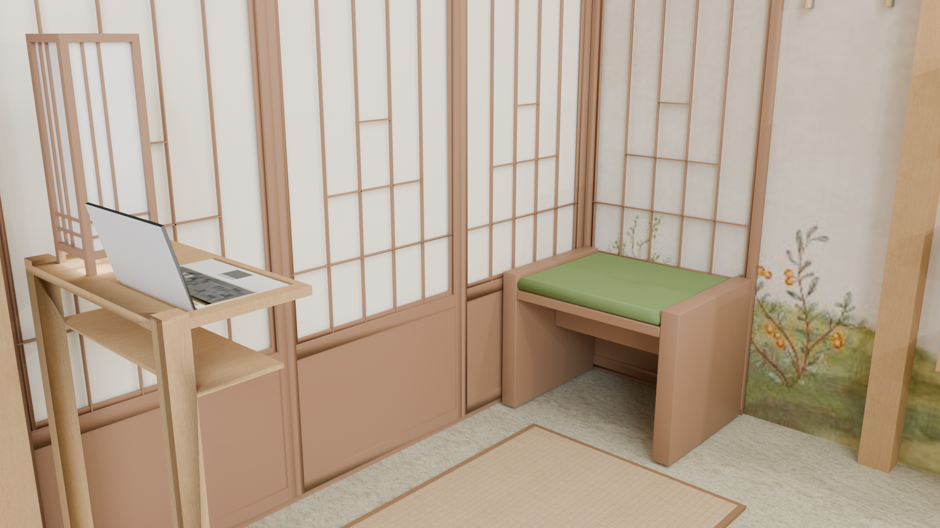 A corner of a room with shoji screen walls, a wooden table with an open laptop, a cushioned seating area with a green cushion, and a floral mural on the wall.