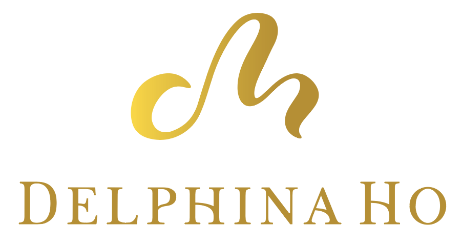 Gold stylized letter M above the text "Delphina Ho" in gold uppercase serif font.