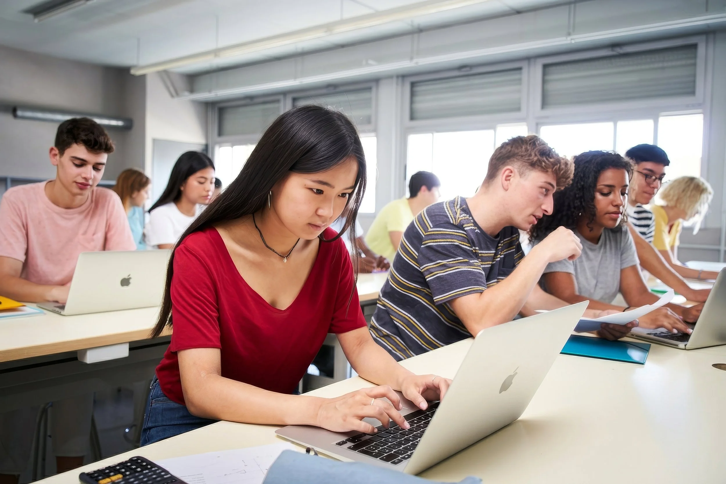 Students working on laptops in a computer lab class