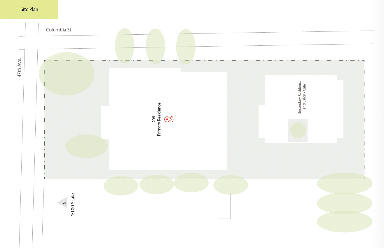 Site plan layout showing two buildings labeled as primary residence and secondary residence with an office and cafe, along with surrounding trees and roads.