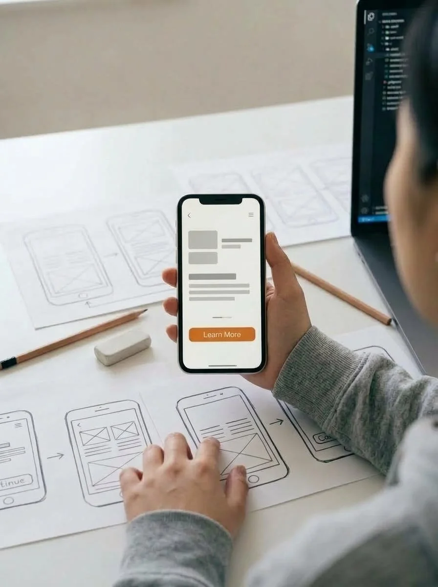 Hand holding a phone with an app prototype over paper wireframe sketches