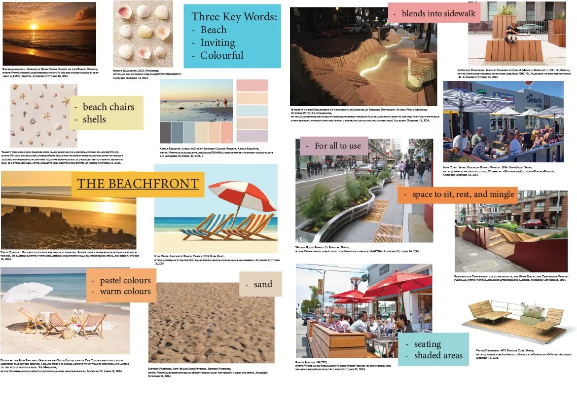 Collage with images and descriptions of a beachside area, including sunset, shell decorations, beach chairs, a sandy beach, colorful pastel beach accessories, chairs and shells, a modern seating area by the sidewalk, streetscape with seating and shaded areas, and outdoor dining spaces with umbrellas.