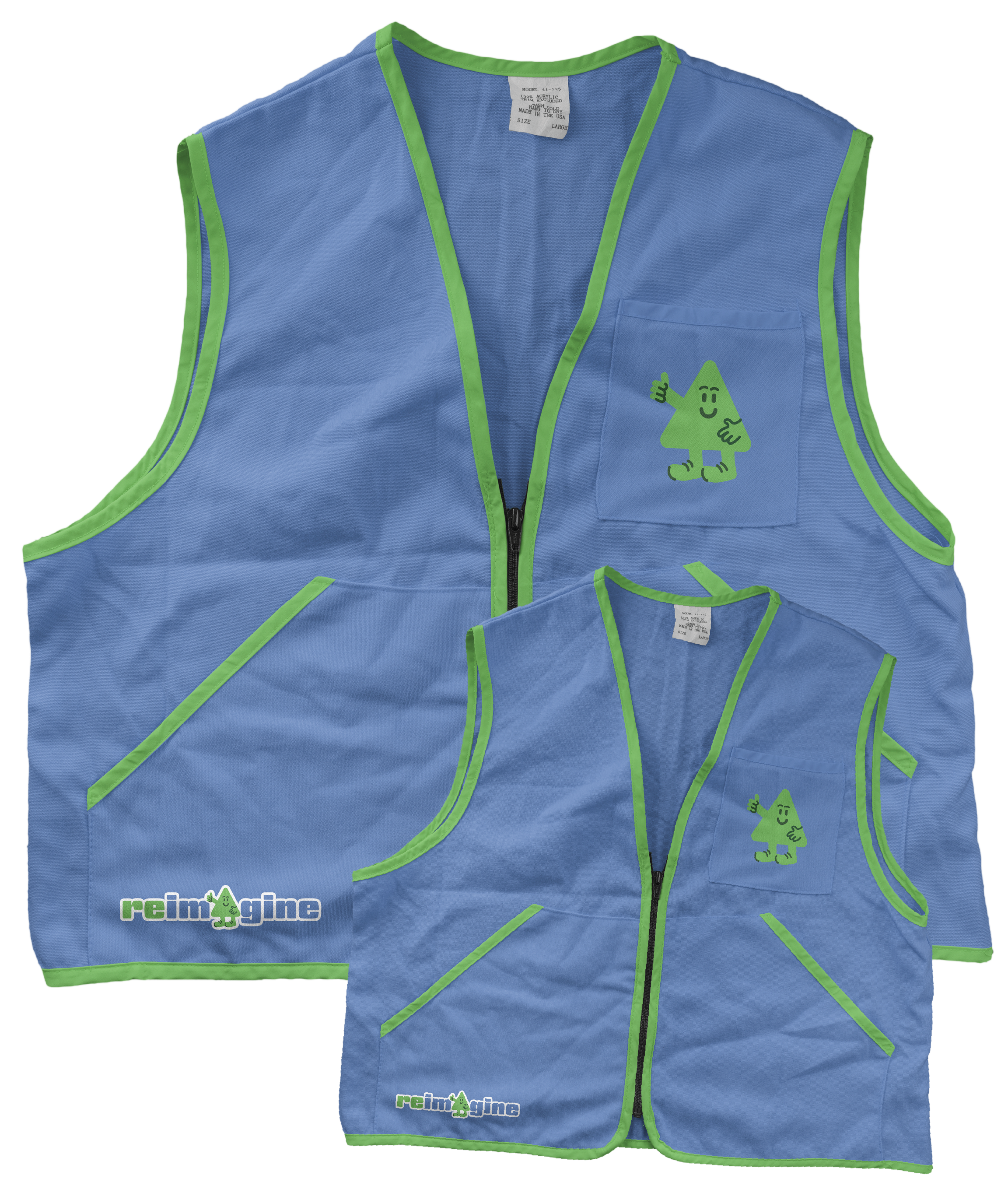 Blue safety vest with green trim and a smiling green star character on the left chest pocket, displaying a thumbs-up gesture, with the word "reimagine" embroidered at the bottom.