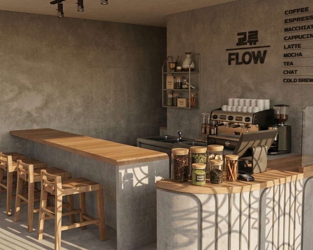 Interior of a modern coffee shop with a counter, bar stools, coffee equipment, jars of ingredients, and a menu on the wall.