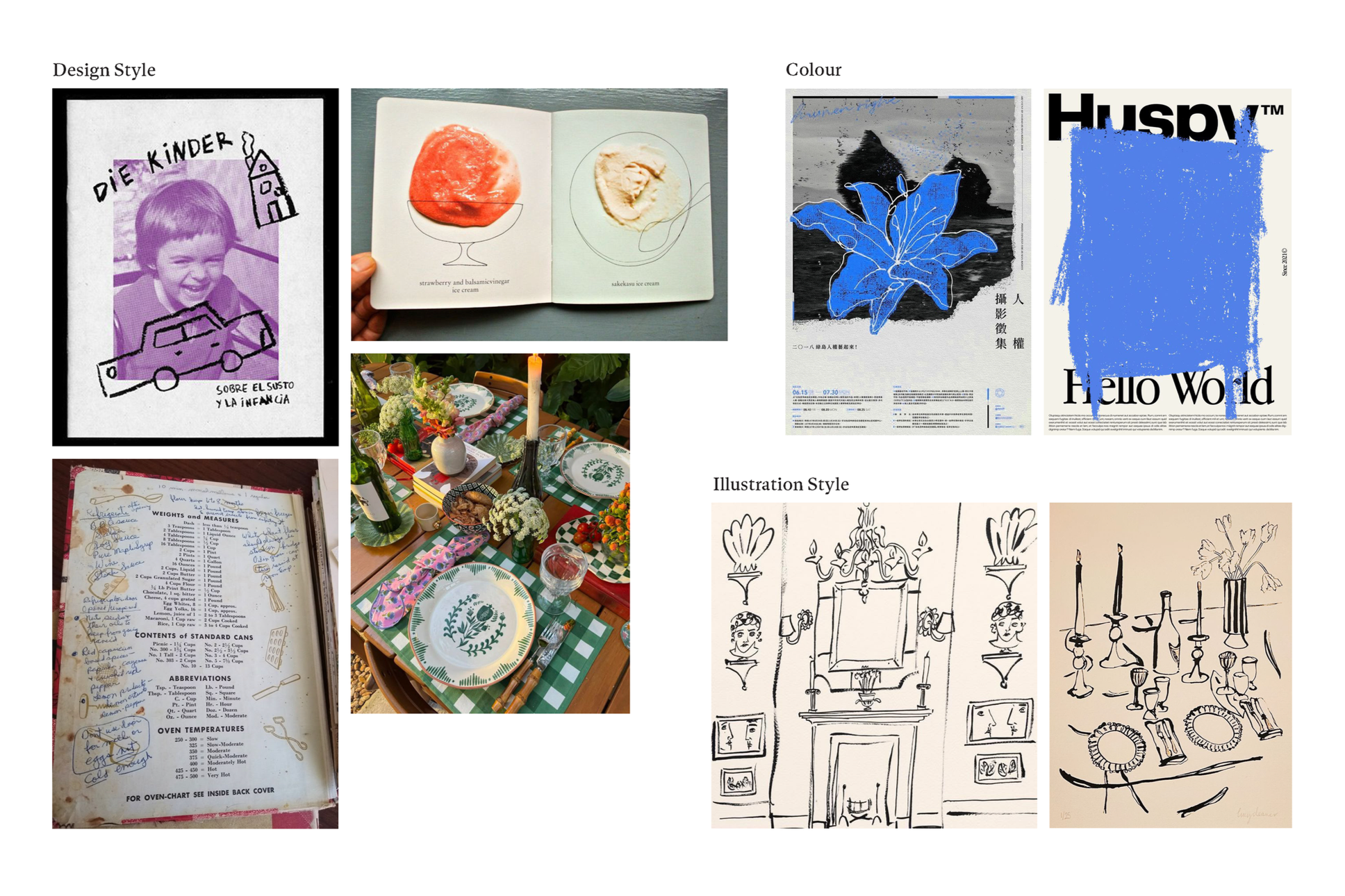 Collage of various images including a child's drawing with a car and house, a photo of an open sketchbook with strawberry and sakésasu ice cream, a picture of a decorated table with plates, flowers, and candles, a recipe page, a poster with abstract blue and black artwork, and black and white sketches of interior decor and candelabras.