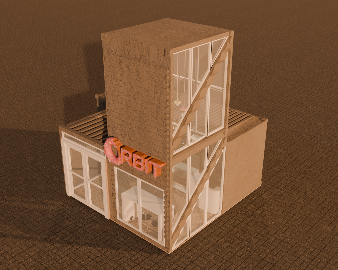 Small two-story building with a neon sign that reads 'CREDIT' on the front, large glass windows, and a rooftop deck. The building has a modern design with brick and glass elements.