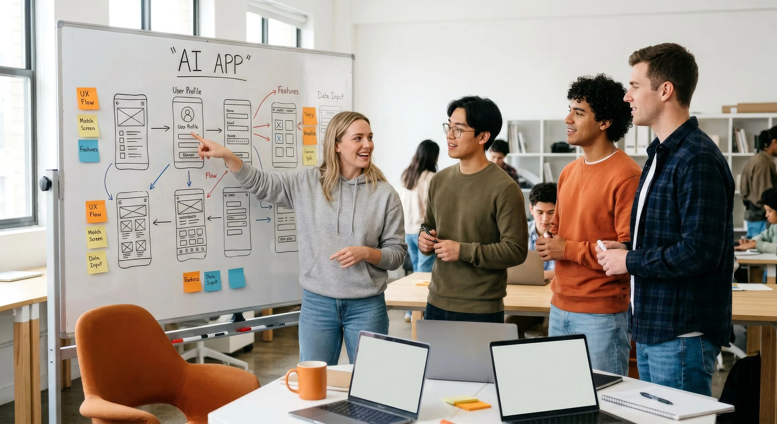 Students presenting AI app wireframes at a whiteboard