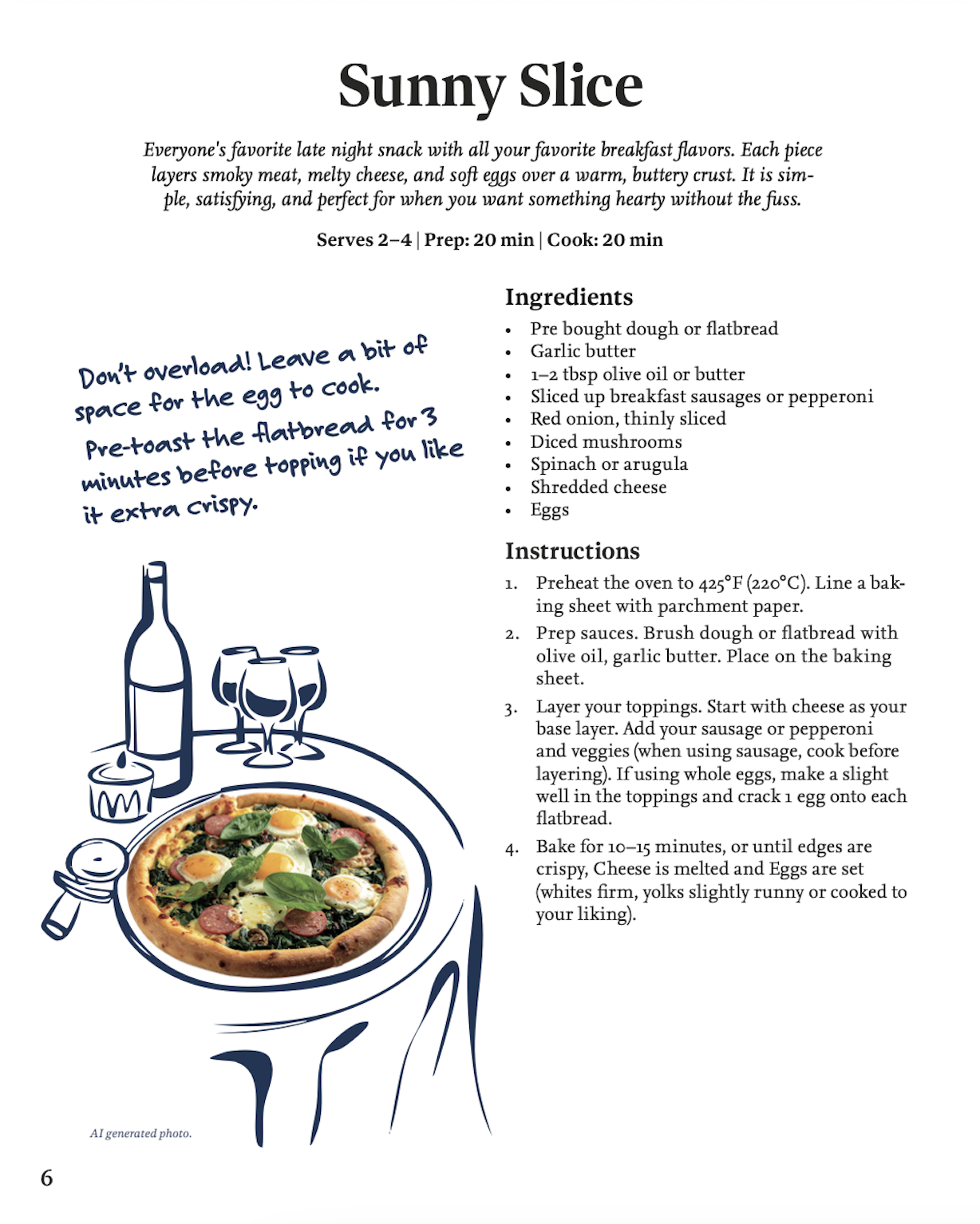 A recipe page titled 'Sunny Slice' with cooking instructions, ingredients, and a drawing of a wine bottle, glasses, a candle, and a pizza with eggs, sausage, vegetables, and cheese.