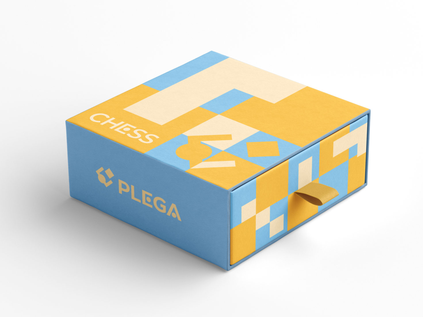 A colorful box with a blue, yellow, and beige geometric design. The box features the text 'CHESS' and a logo on the top, and 'PLEGA' with a logo on the side. It has a pull tab on the front.
