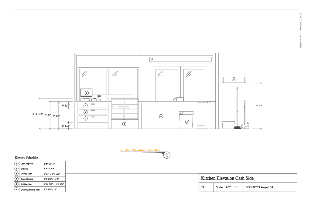 Architectural drawing of a kitchen elevation view showing cabinets, countertops, drawers, display case, open storage, rubbish bin, cleaning supply rack, and a window, with measurements and labels.