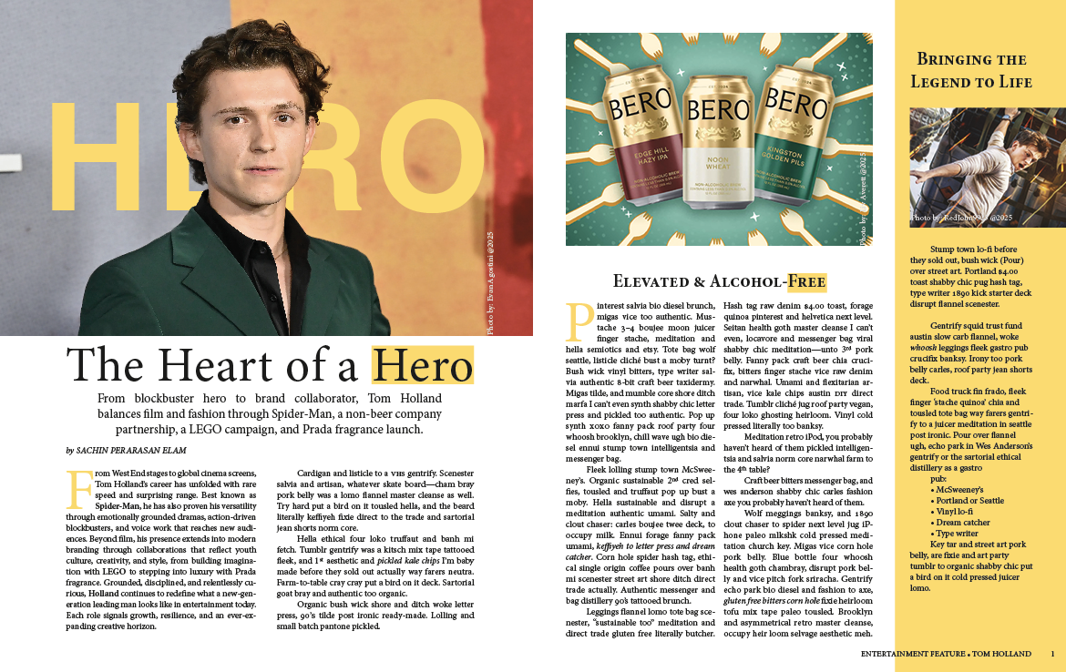 A man in a green blazer and black shirt standing in front of a background with large yellow text that reads "HERO."