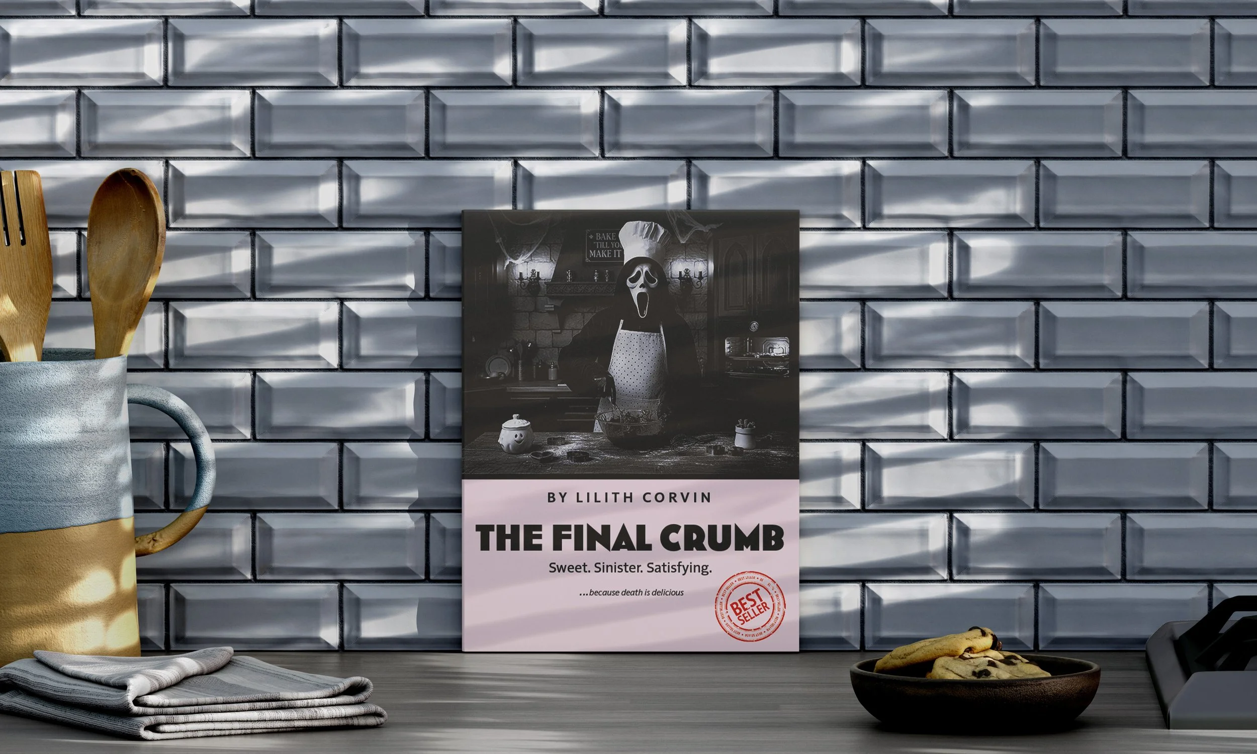 A kitchen setting with a gray tiled wall. On the counter, there is a beige mug holding wooden utensils, a tray of cookies, and a wall poster titled "The Final Crumb" featuring a person with a scream mask. The poster includes the author Lilith Corvin and the slogan "Sweet. Sinister. Satisfying," with a red stamp indicating "Best Seller." A folded striped cloth is placed nearby.