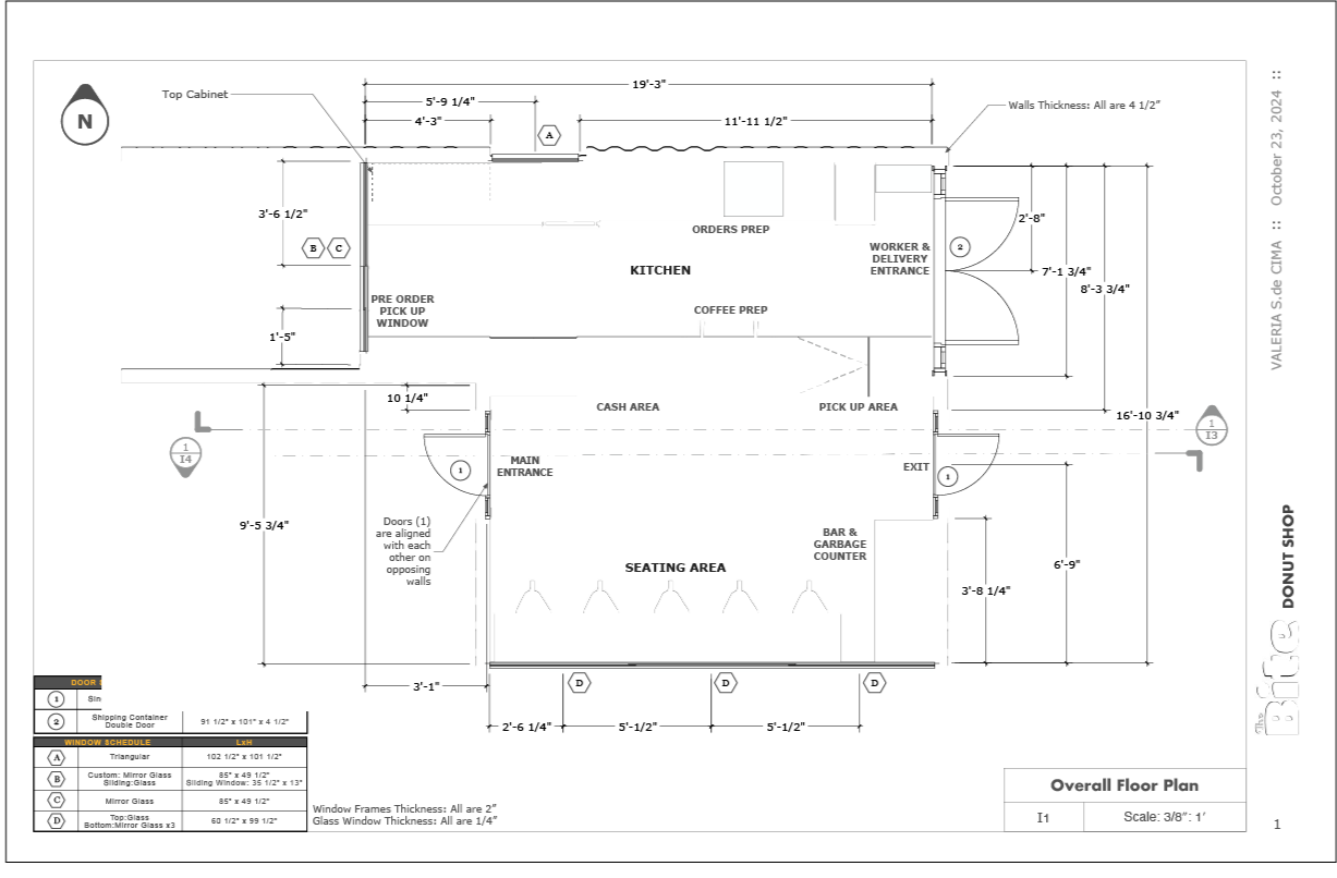 Architectural floor plan of a donut shop with sections labeled for the kitchen, seating area, cash area, and pickup area, including measurements and door and window placements.