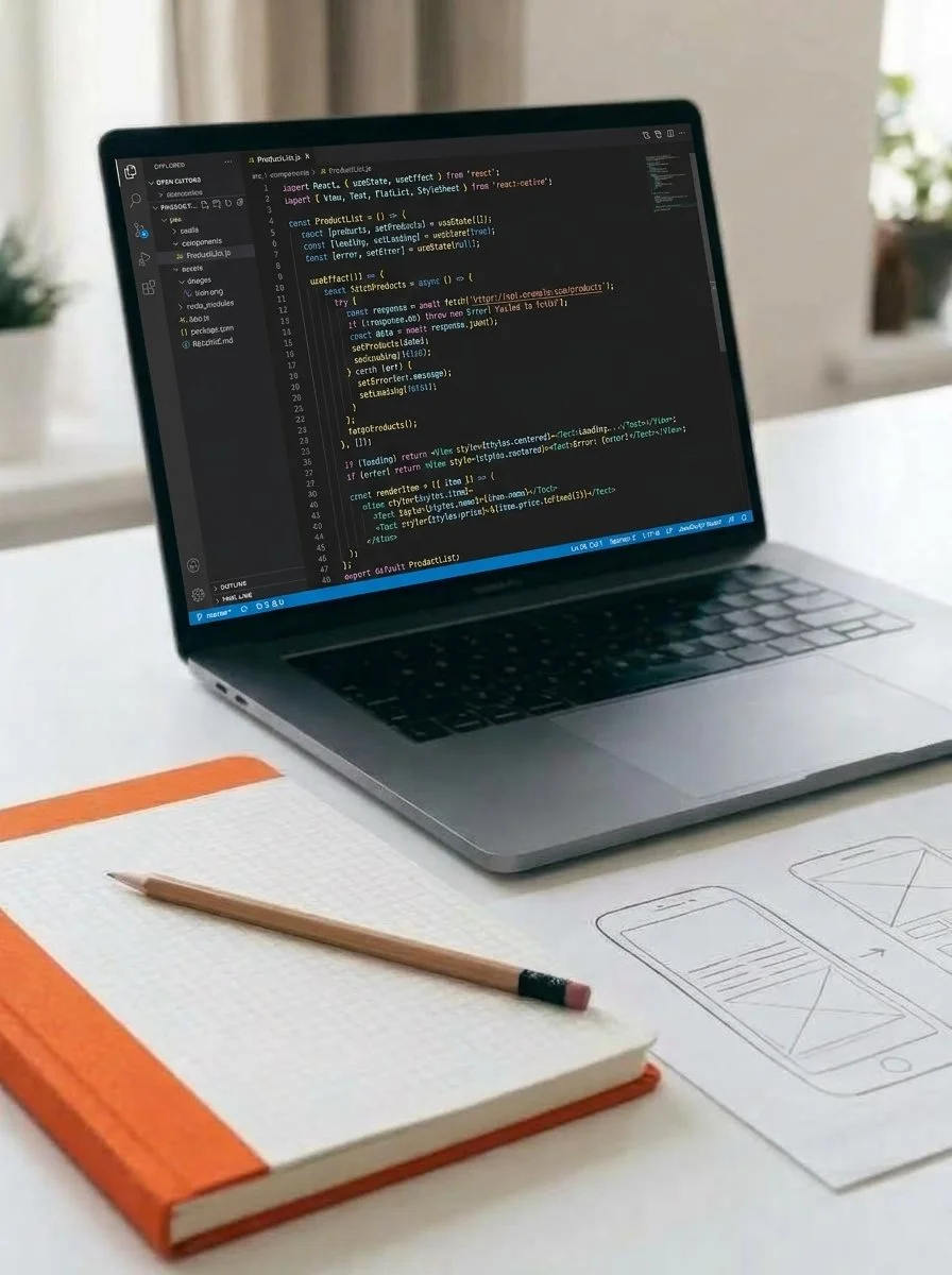 Laptop showing code beside app wireframe sketches and a notebook