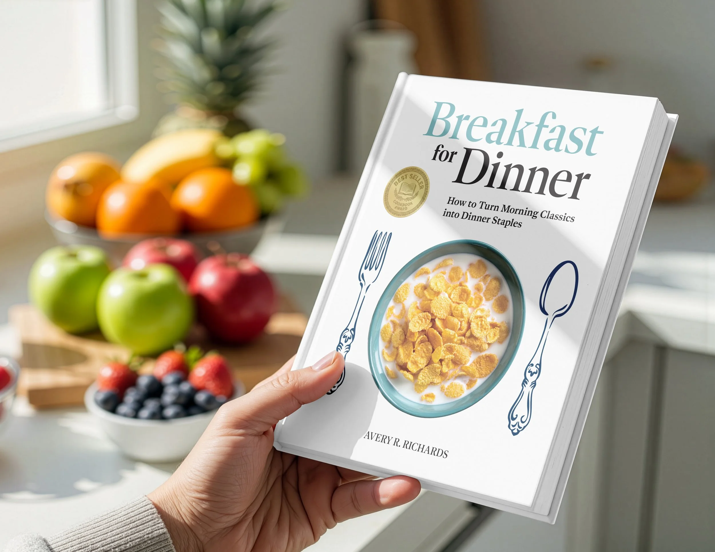 Person holding a book titled "Breakfast for Dinner: How to Turn Morning Classics into Dinner Staples" in front of a bowl of cereal with cornflakes. In the background, there are bowls of assorted fruit including apples, strawberries, blueberries, and oranges, with a pineapple also visible.