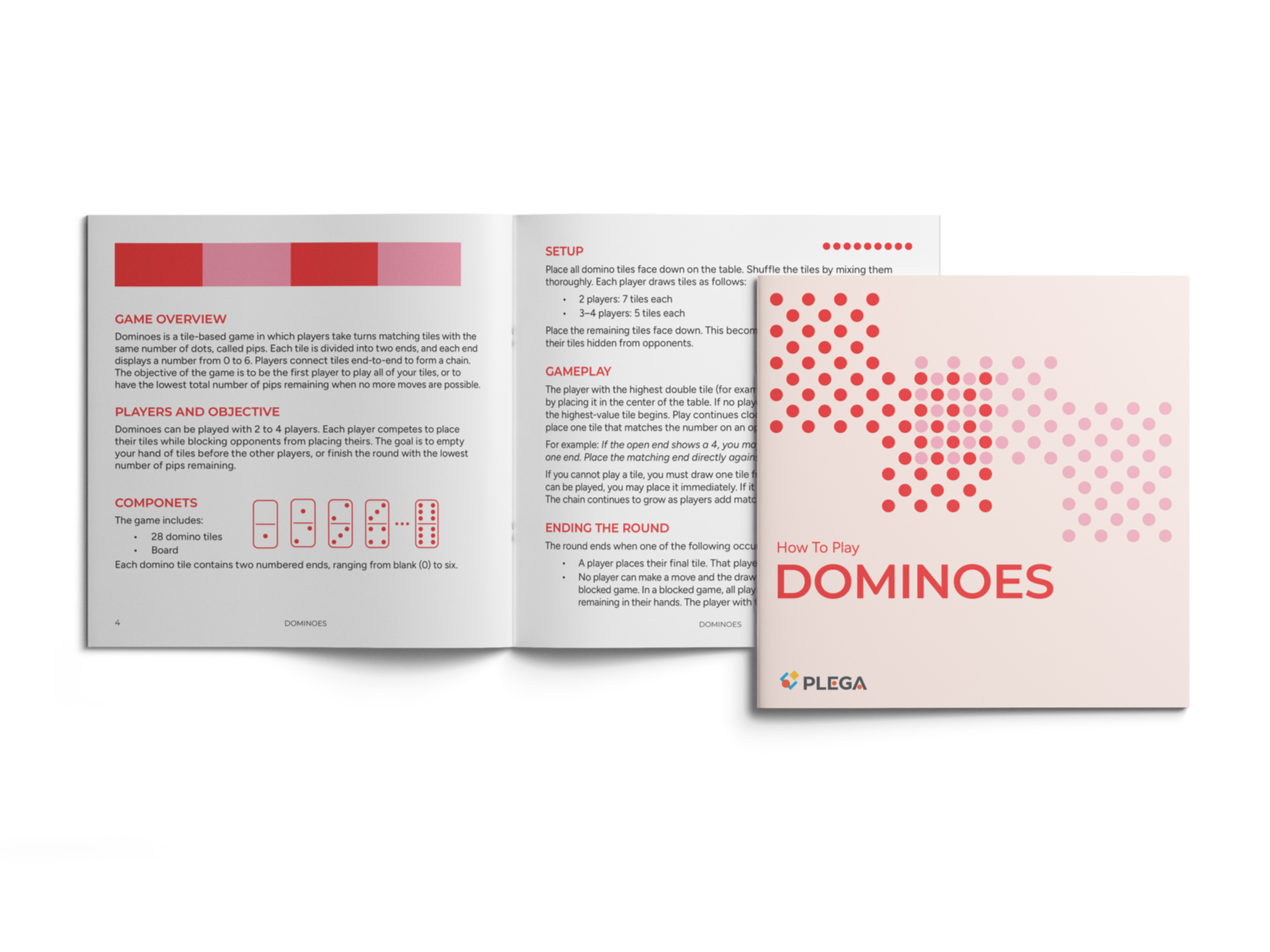 Open booklet displaying instructions and overview for playing dominoes, with a separate cover page showing the title "How To Play Dominoes" and the PLEGA logo.