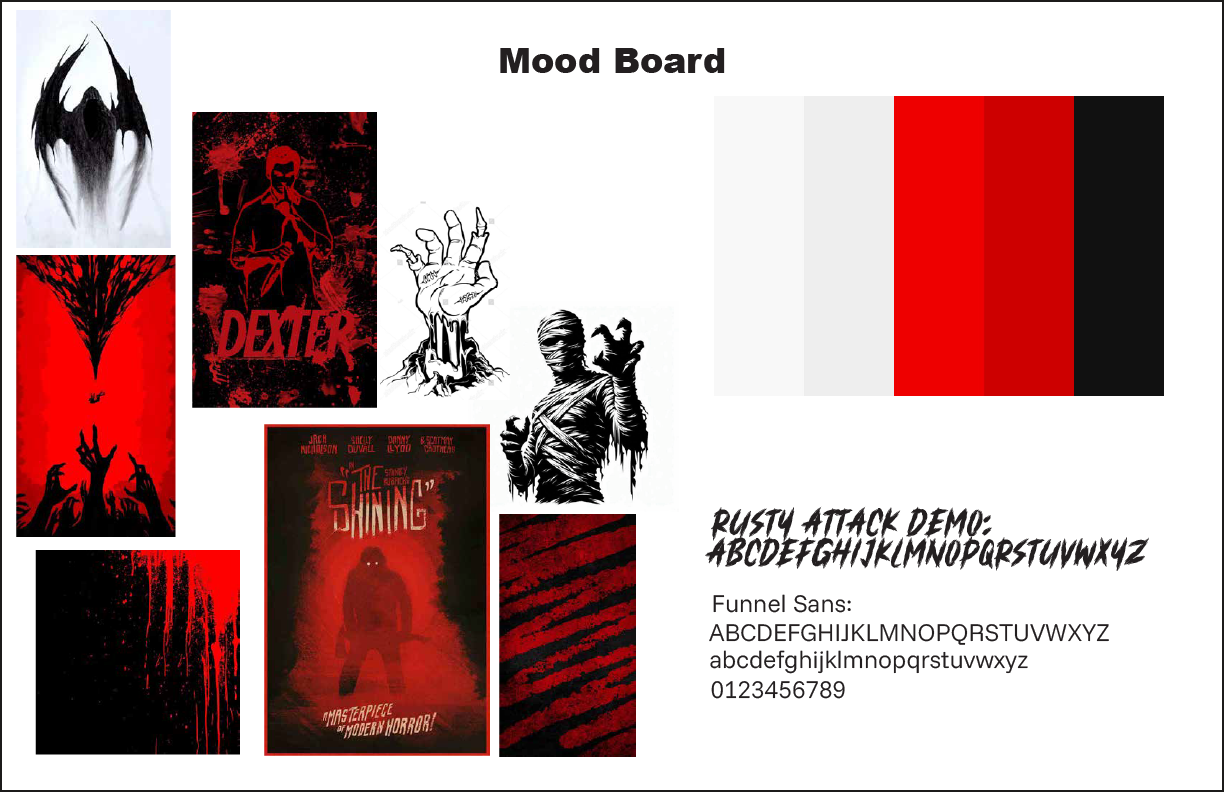 Collage of horror and thriller movie posters with red, black, and white color schemes, including illustrations of zombies, a skeleton, and abstract horror-themed imagery.