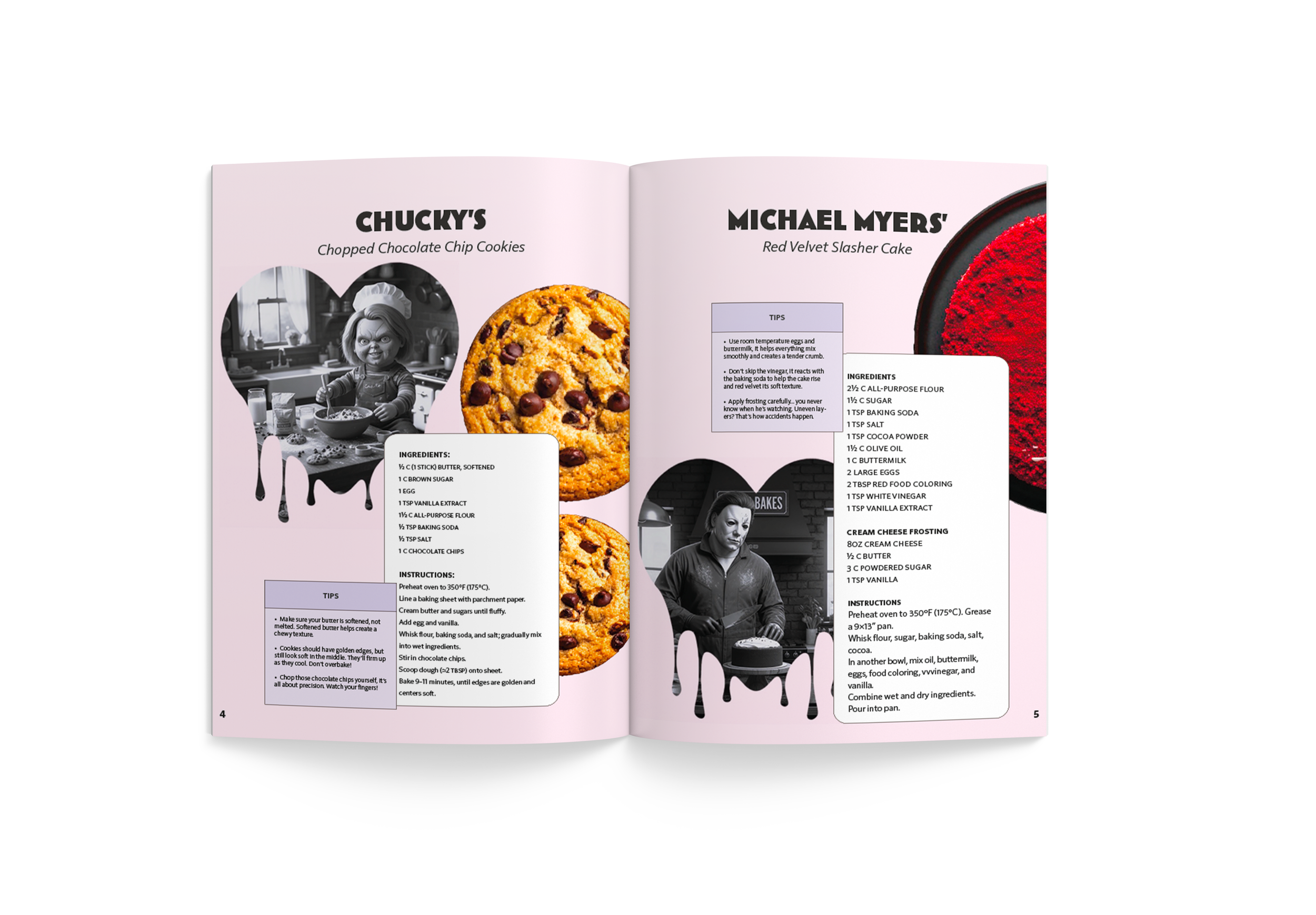 Open cookbook displaying recipes for Chucky's chopped chocolate chip cookies and Michael Myers' red velvet slasher cake, with images of cookies and cake, and black and white photos of characters.